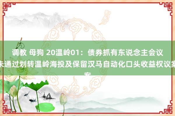 调教 母狗 20温岭01：债券抓有东说念主会议未通过划转温岭海投及保留汉马自动化口头收益权议案